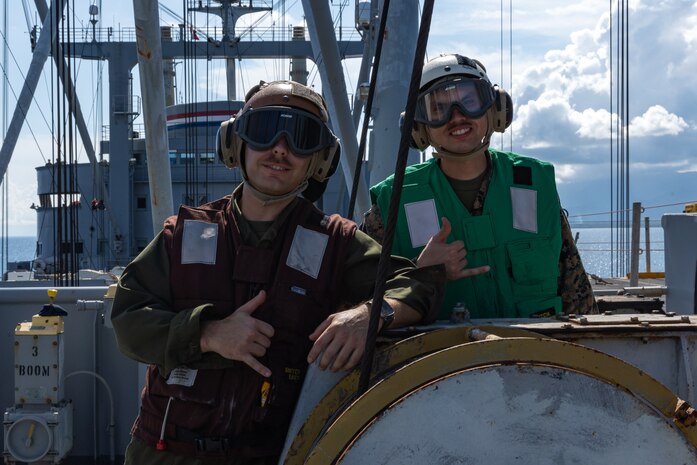 U.S. Marines, with Marine Aviation Logistics Squadron 16, 3rd Marine Aircraft Wing (MAW), pose for a photo aboard the SS Curtis (T-AVB-4) during Balikatan 23 off the coast of the Philippines, April 18, 2023. Balikatan 23 is the 38th iteration of the annual bilateral exercise between the Armed Forces of the Philippines and the U.S. military. The exercise includes three weeks of training focused on amphibious operations, command and control, humanitarian assistance, urban operations and counterterrorism skills throughout northern and western Luzon. Coastal defense training figures prominently in the Balikatan 23 training schedule.