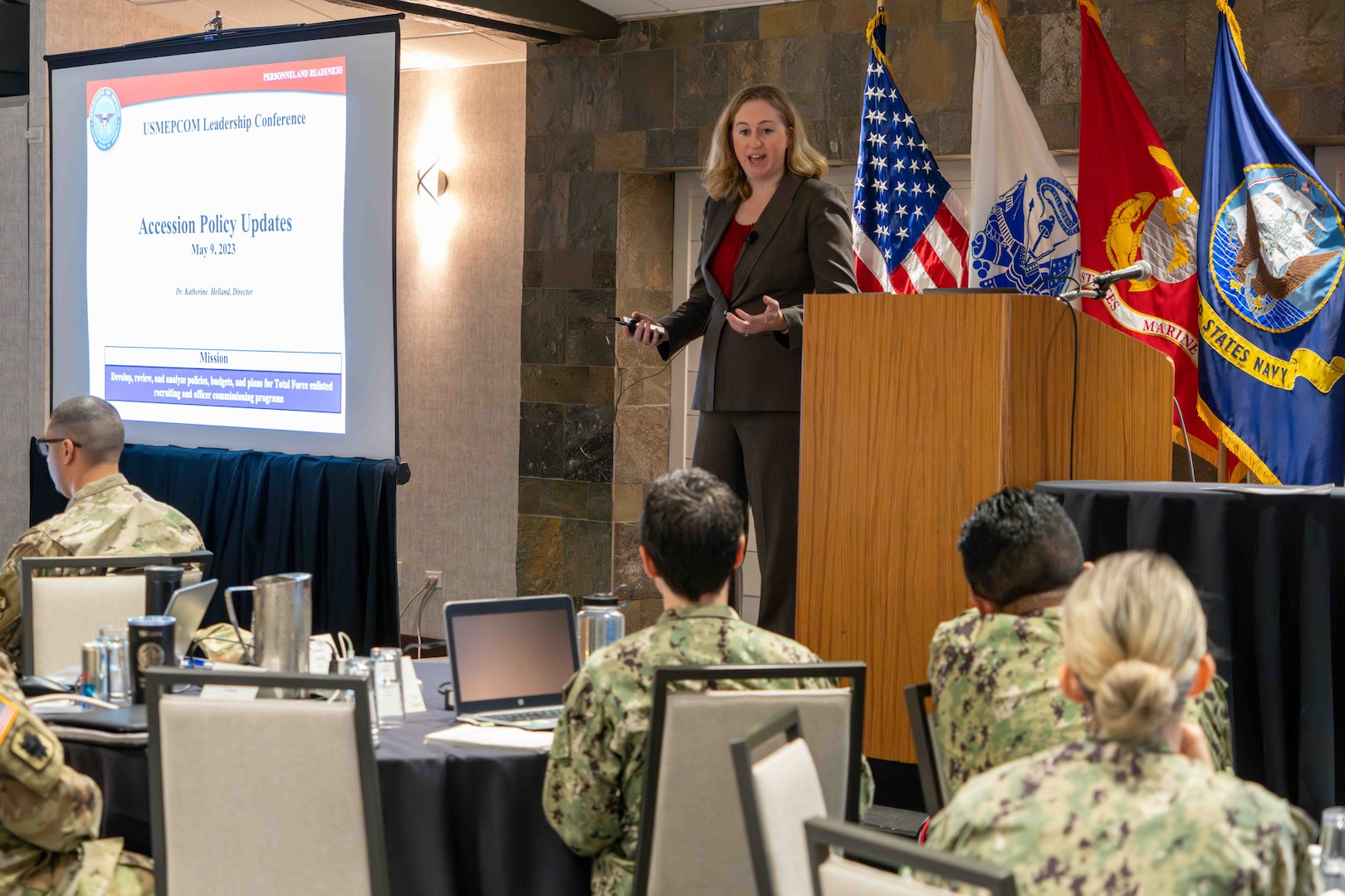 Dr. Katie Helland, Director of Military Accession Policy, engages with MEPS commanders during the USMEPCOM Leadership Conference. Helland was one of many presenters during the week-long conference.