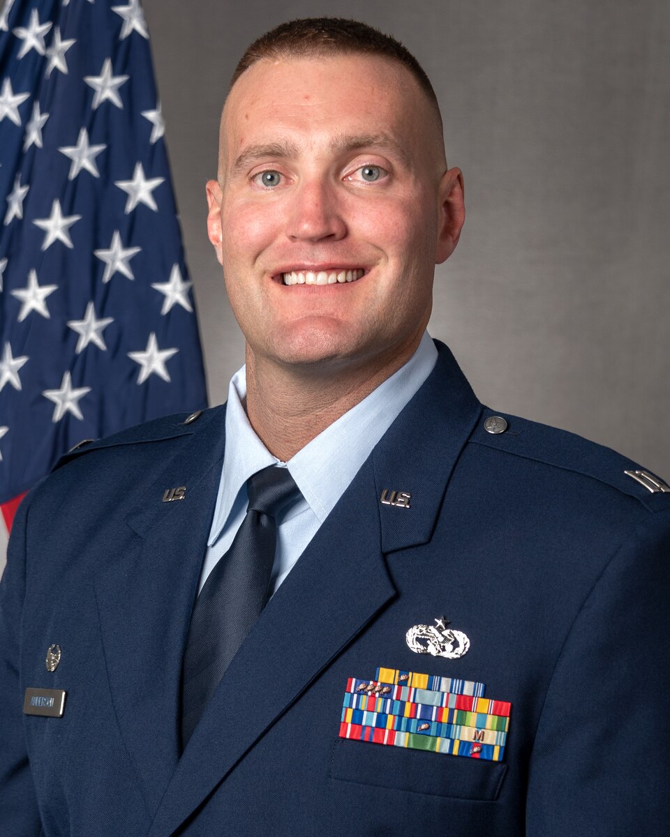U.S. Air Force Capt. Cody Anderson, the commander of the 182nd Force Support Squadron, Illinois Air National Guard, poses for a portrait in Peoria, Illinois, Oct. 18, 2022.