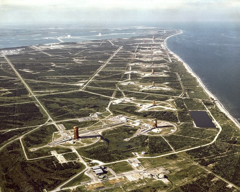Aerial view of "missile row" at then, Cape Kennedy Air Force Station, Fla., in 1964. Missile Row includes Atlas Launch Complexes 11, 12, 13 and 14, followed by Titan pads at 15,16,19 and 20. (Courtesy photo)