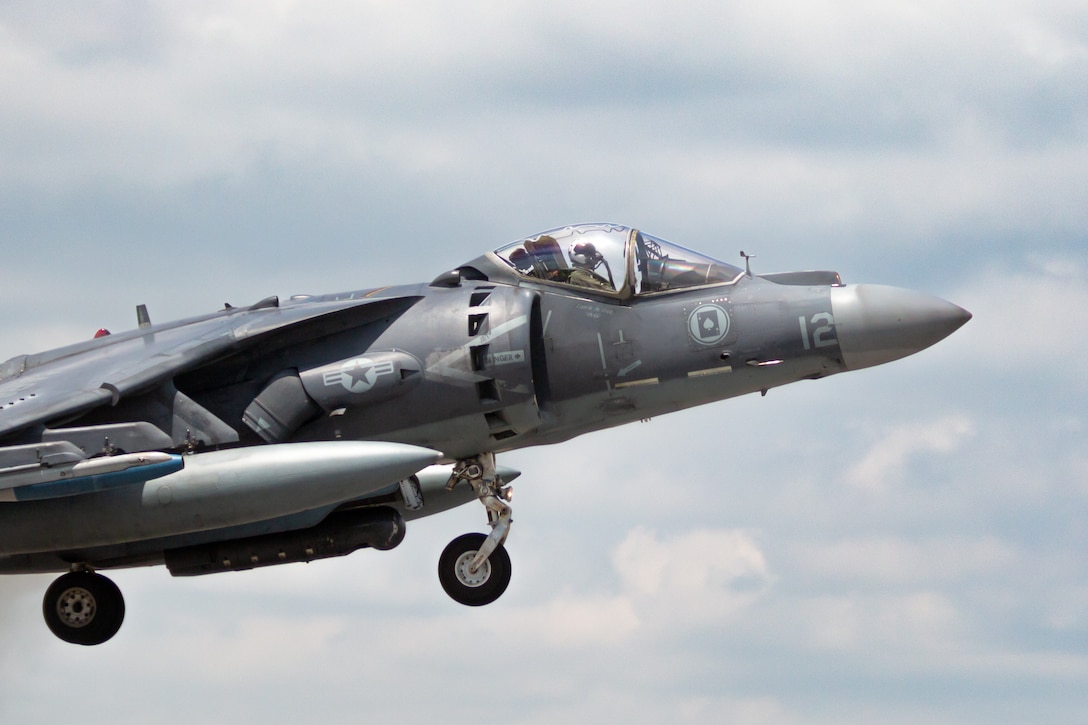 U.S. Marine Corps Capt. Herberth Claros, a pilot with Marine Attack Squadron (VMA) 231, takes off in an AV-8B Harrier II jet at Naval Air Station Joint Reserve Base New Orleans, Louisiana, April 25, 2023. VMA-231 provided close-air support during Exercise Southern Strike 2023, a joint, multinational exercise designed to improve interoperability among allies and branches of the Department of Defense. VMA-231 is a subordinate unit of 2nd Marine Aircraft Wing, the aviation combat element of II Marine Expeditionary Force. (U.S. Marine Corps photo by Cpl. Christian Cortez)