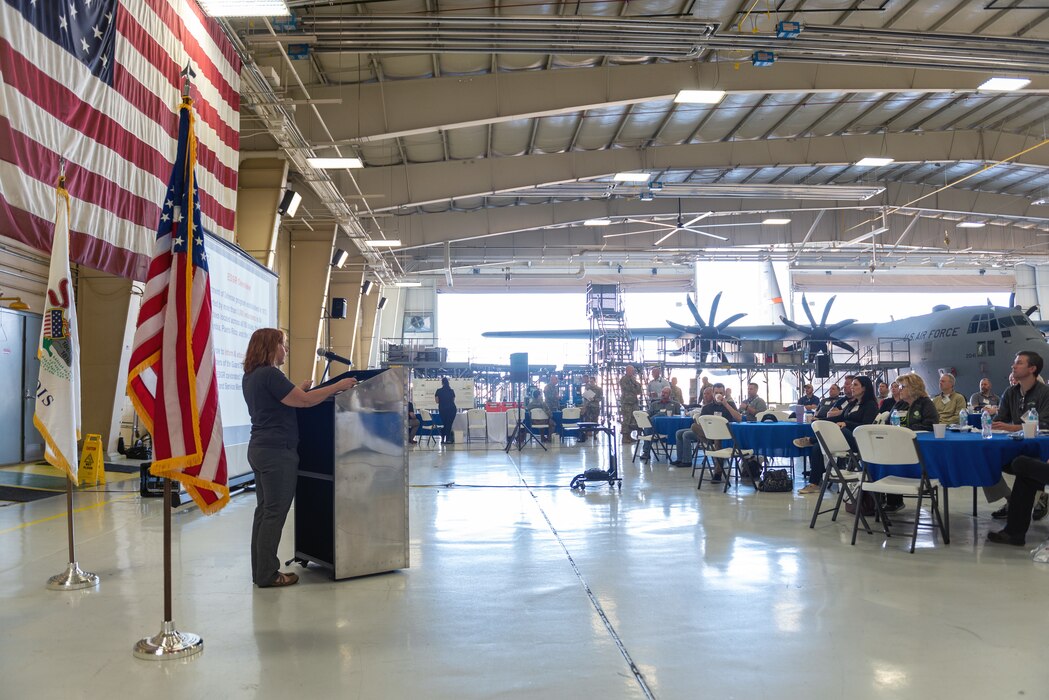 Laurie Silvery, Illinois chair of the Employer Support of the Guard and Reserve, speaks to civilian employers during a “Breakfast with the Boss” Boss Lift at the 182nd Airlift Wing in Peoria, Illinois, May 11, 2023.