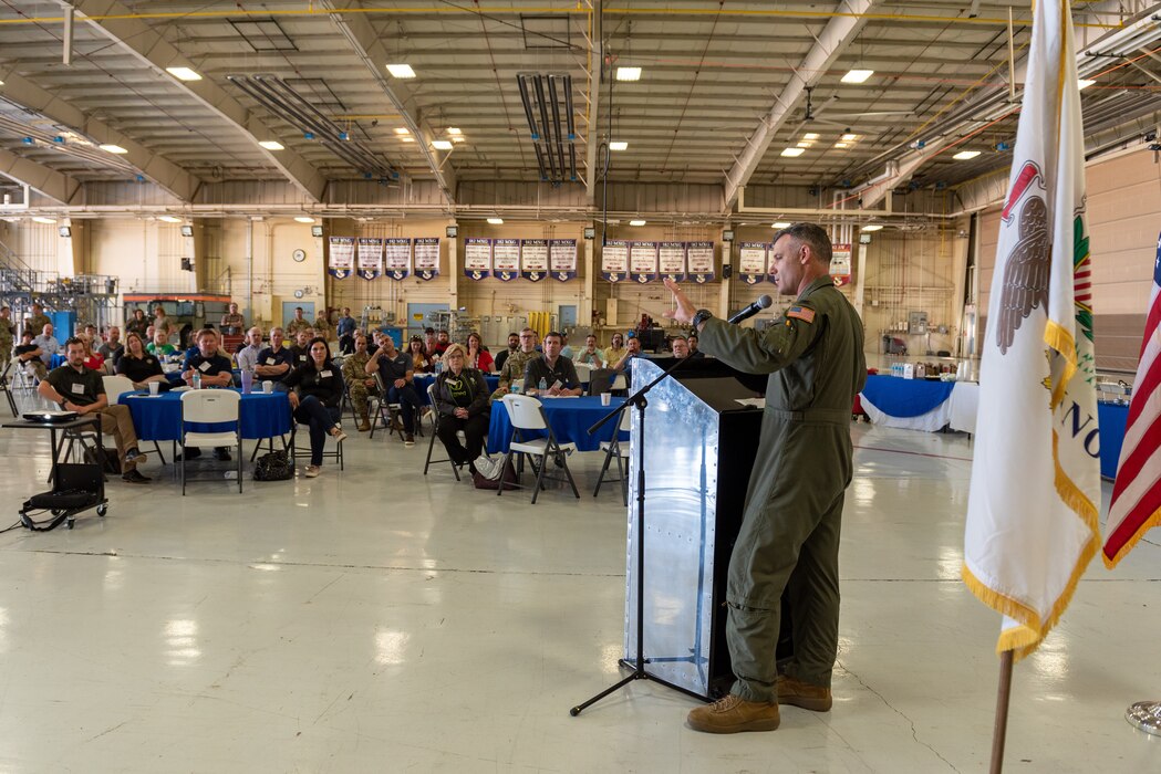 U.S. Air Force Col. Rusty Ballard, the commander of the 182nd Airlift Wing, Illinois Air National Guard, speaks to civilian employers during a “Breakfast with the Boss” Boss Lift at the 182nd Airlift Wing in Peoria, Illinois, May 11, 2023.