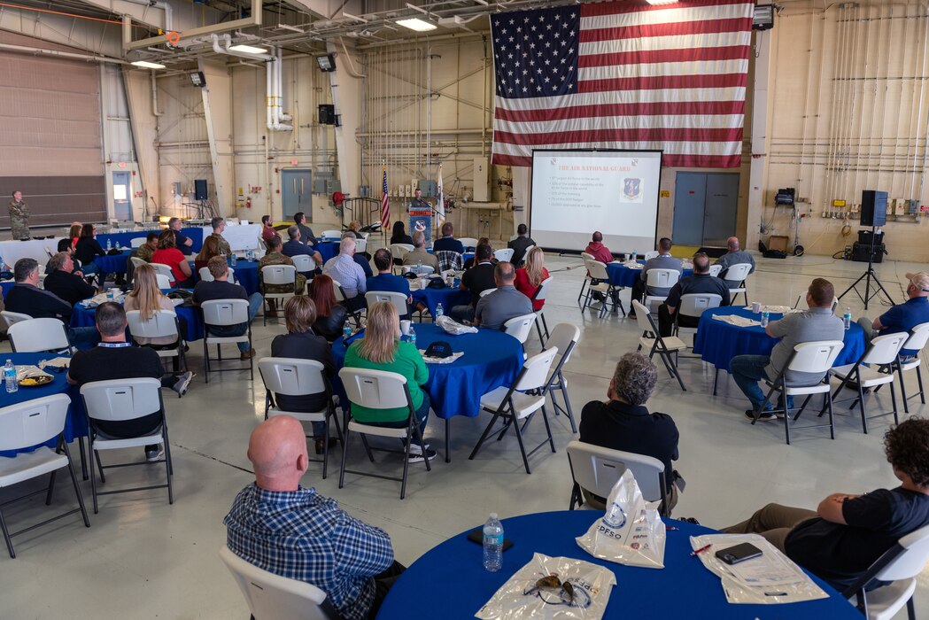 U.S. Air Force Col. Rusty Ballard, the commander of the 182nd Airlift Wing, Illinois Air National Guard, speaks to civilian employers during a “Breakfast with the Boss” Boss Lift at the 182nd Airlift Wing in Peoria, Illinois, May 11, 2023.