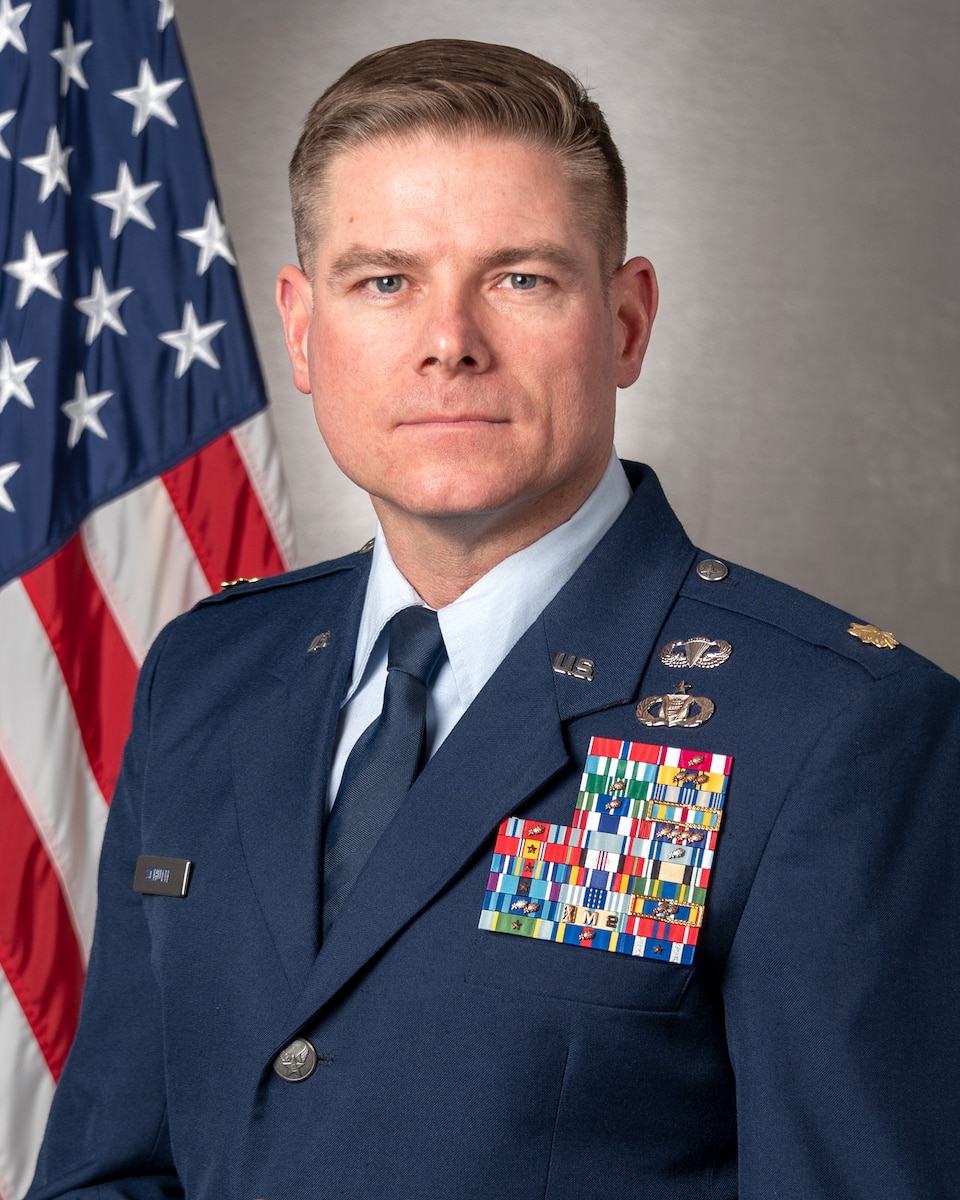 U.S. Air Force Maj. Christopher Schutte, the commander of the 169th Air Support Operations Squadron, Illinois Air National Guard, poses for a portrait in Peoria, Illinois, Jan. 24, 2023.