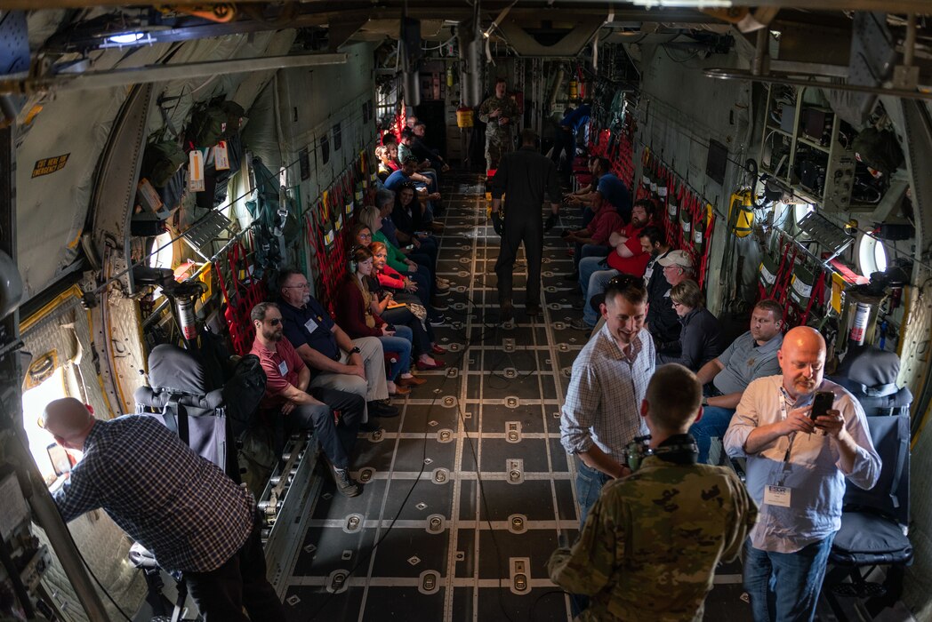 Civilian employers explore a C-130H Hercules aircraft during a “Breakfast with the Boss” Boss Lift at the 182nd Airlift Wing in Peoria, Illinois, May 11, 2023.