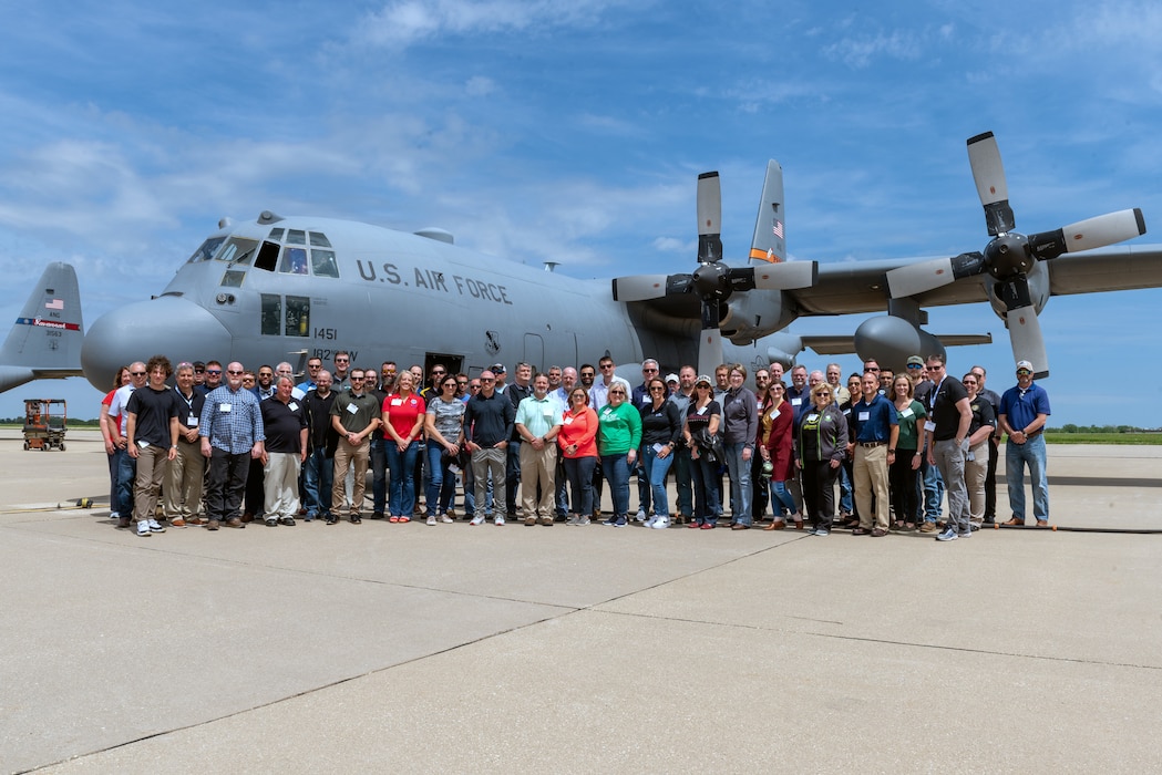 Civilian employers pose for a group photo during a “Breakfast with the Boss” Boss Lift at the 182nd Airlift Wing in Peoria, Illinois, May 11, 2023.