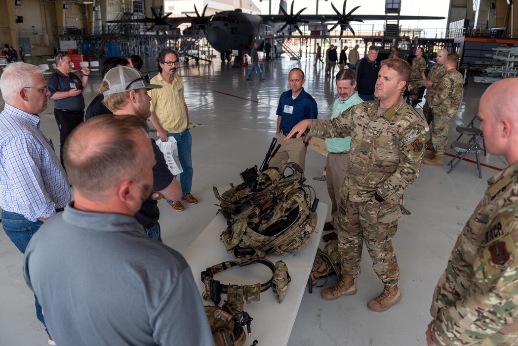 Civilian employers learn about the 169th Air Support Operations Squadron mission during a “Breakfast with the Boss” Boss Lift at the 182nd Airlift Wing in Peoria, Illinois, May 11, 2023.