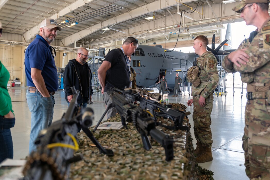 Civilian employers learn about the 182nd Security Forces Squadron mission during a “Breakfast with the Boss” Boss Lift at the 182nd Airlift Wing in Peoria, Illinois, May 11, 2023.