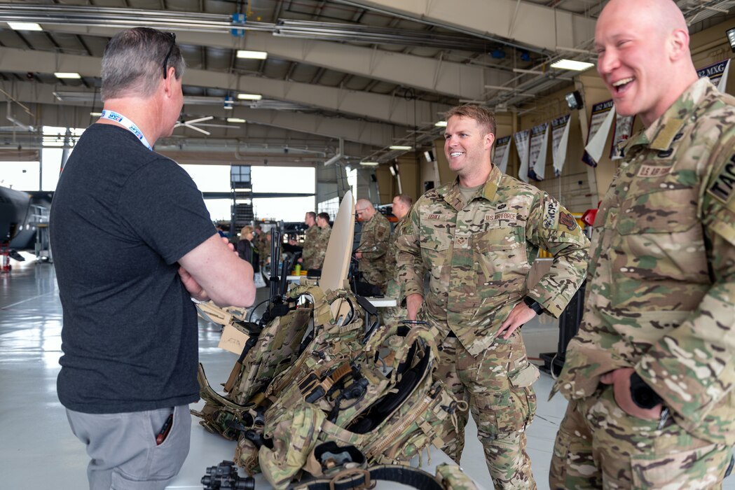 Civilian employers learn about the 169th Air Support Operations Squadron mission during a “Breakfast with the Boss” Boss Lift at the 182nd Airlift Wing in Peoria, Illinois, May 11, 2023.