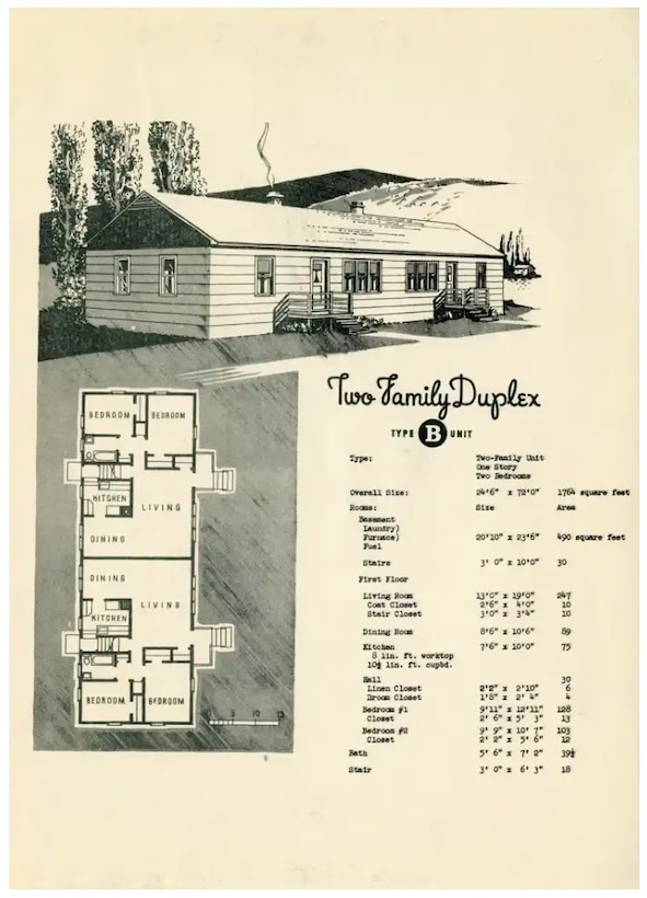 Two-Family Duplex, Type “B” Unit Floor Plan. Image courtesy Hanford History Project, accessed May 3, 2023, http://www.hanfordhistory.com/items/show/650.