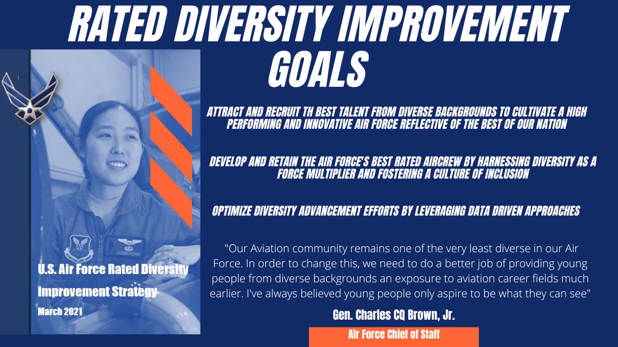 graphic depicting the rated diversity improvement strategy and the three goals along with a quote from Gen. Charles CQ Brown, Jr., Chief of staff of the Air Force