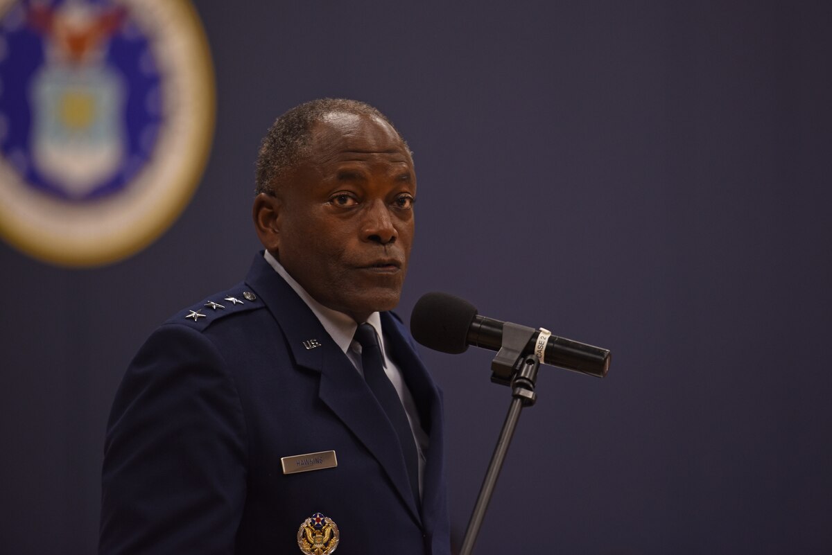 Retired Lt. Gen. Ronnie Hawkins, Angelo State University president, speaks during the Goodfellow Air Force Base Armed Forces Commitment Celebration, at Goodfellow AFB, Texas, May 12. Hawkins thanked the students for their commitment to serve and gave them career advice. (U.S. Air Force photo by Senior Airman Ashley Thrash)
