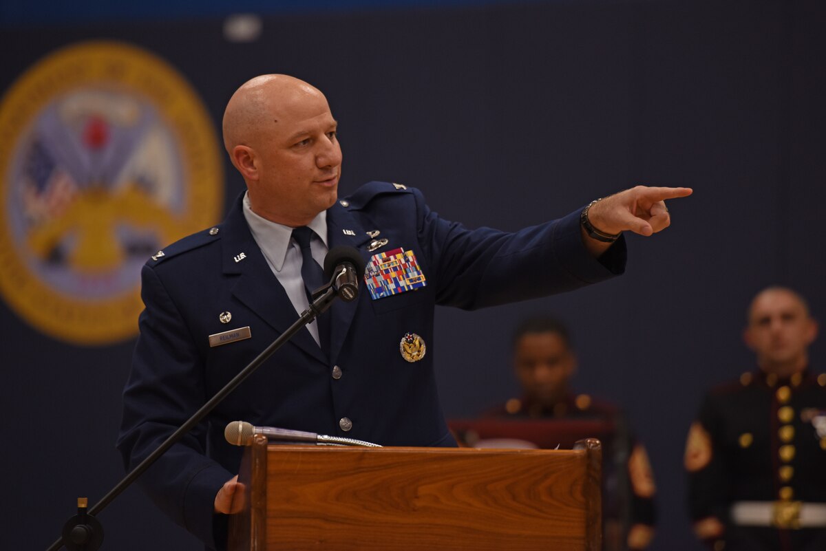 U.S. Air Force Col. Matthew Reilman, 17th Training Wing commander, speaks during the Goodfellow Air Force Base Armed Forces Commitment Celebration, at Goodfellow AFB, Texas, May 12. Reilman thanked the families of the students for their support and dedication. (U.S. Air Force photo by Senior Airman Ashley Thrash)