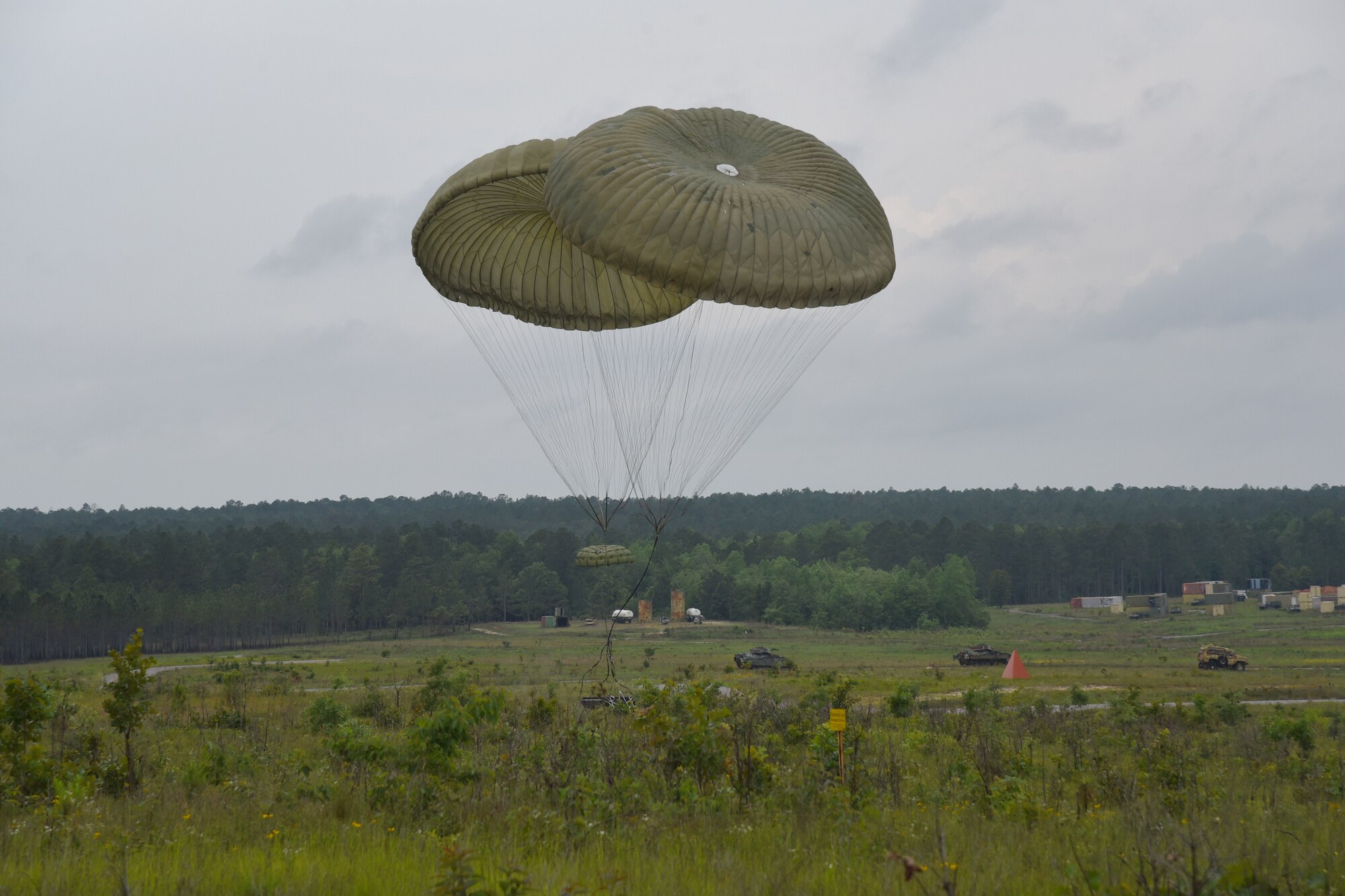 Parachutes on the heavy bundle as it was landing in the drop zone.