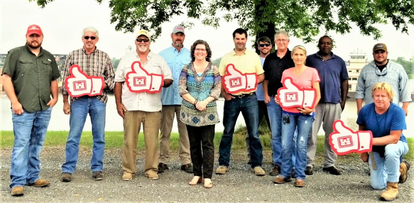 On June 7, the Memphis District held its 2019 harbor dredging season pre-work meeting with contractor Inland Dredging Company, LLC at the District’s Ensley Engineer Yard. The District and contractor discussed the dredging of all 10 harbors in the Memphis District boundary.

IN THE PHOTO, from left to right, Kody Moore and Jack Ratliff, Memphis District; Tim Dyer and Boyd Heaton, Inland Dredging; Vickie Watson, Memphis District; Jeff Freeman and Justin Slater, Inland Dredging;  Wade Channel, Memphis District; Elise Clinton and Willie Ford, Inland Dredging; and Ben Baddour (rear) and Danny Hunt, Memphis District join in giving the dredging season’s start a big thumbs-up.