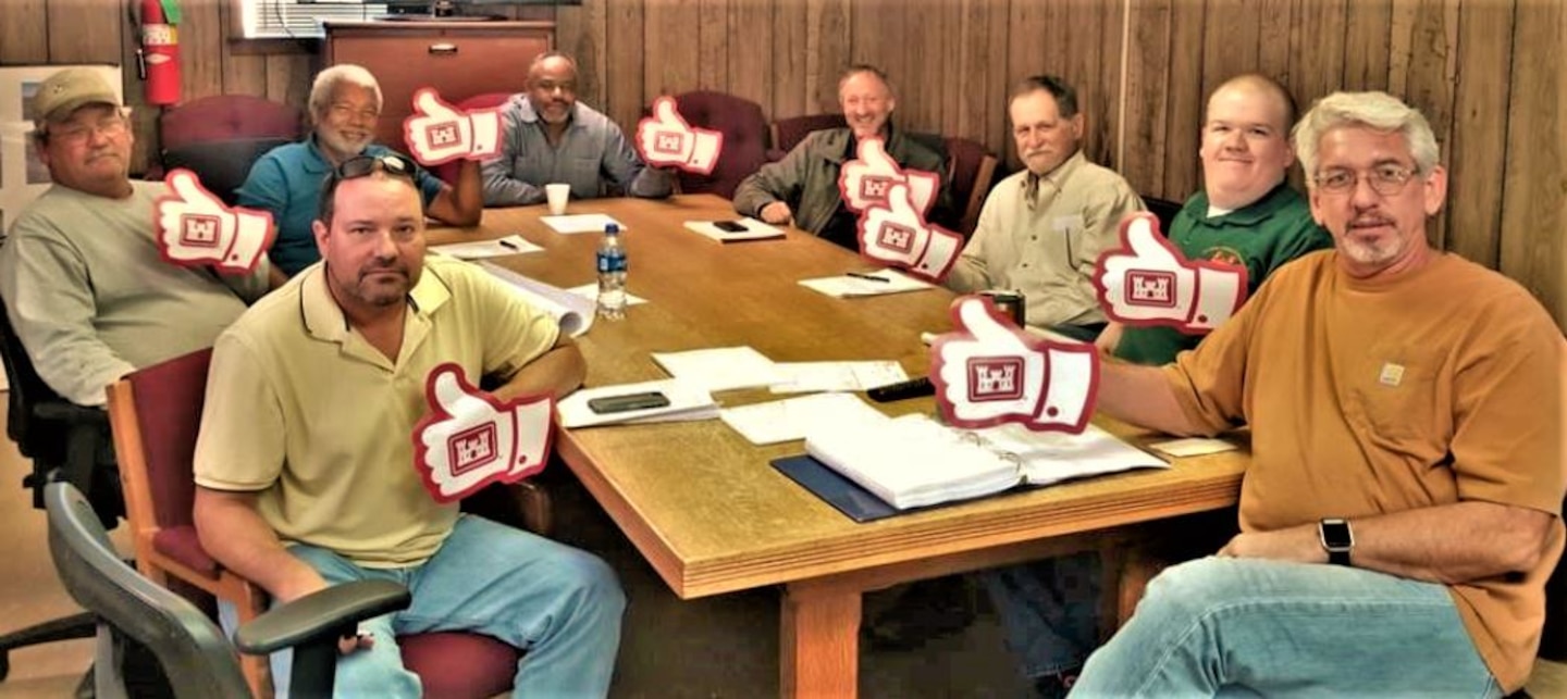 Left to right: Tom Atkins, Memphis District; Glenn Baker, McCray Drilling, LLC (subcontractor); Percy McDonald, President of A Rock Construction Company, Inc. (contractor); Jimmie Roby, Project Manager for A Rock Construction Company, Inc.; Robert Staten, Project Manager for A Rock Construction Company, Inc.; Mark Broughton, Donald Bond Construction, Inc. (sub-contractor); Jacob Allen, Memphis District, and Jack Ratliff, Memphis District gives the project’s kick-off a thumbs-up.