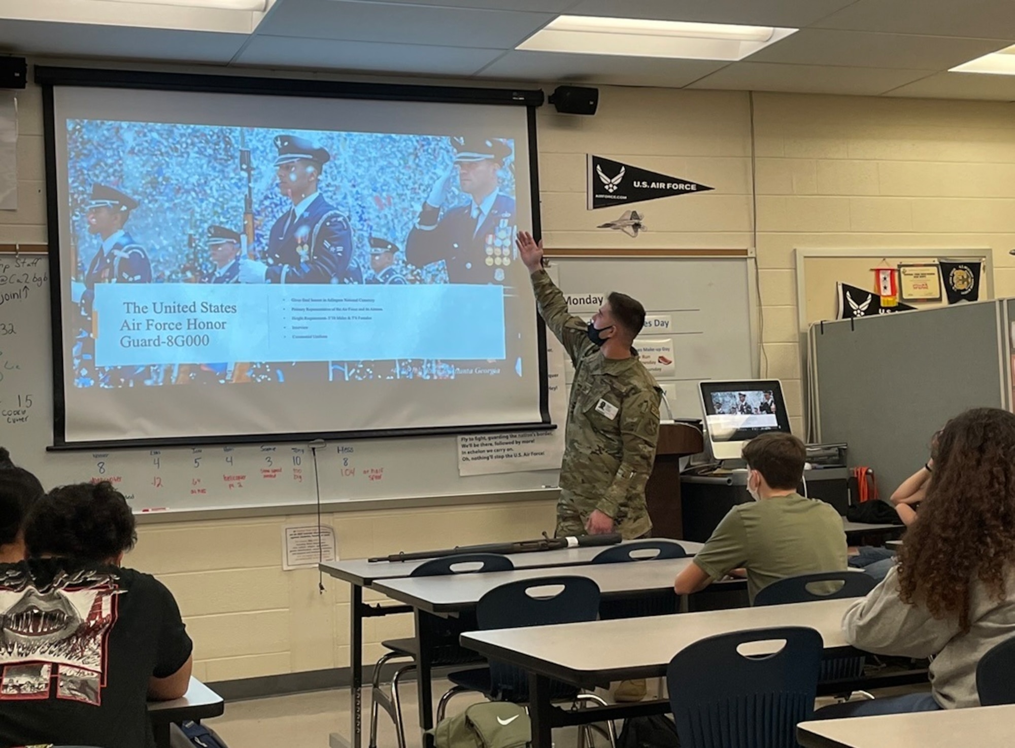 Staff Sgt. Nicolas J. Koerber, Senior Emergency Actions Controller, 325th Fighter Wing Command Post, Tyndall AFB, FL, briefs Air Force Junior ROTC cadets at Central York High School in York, PA.