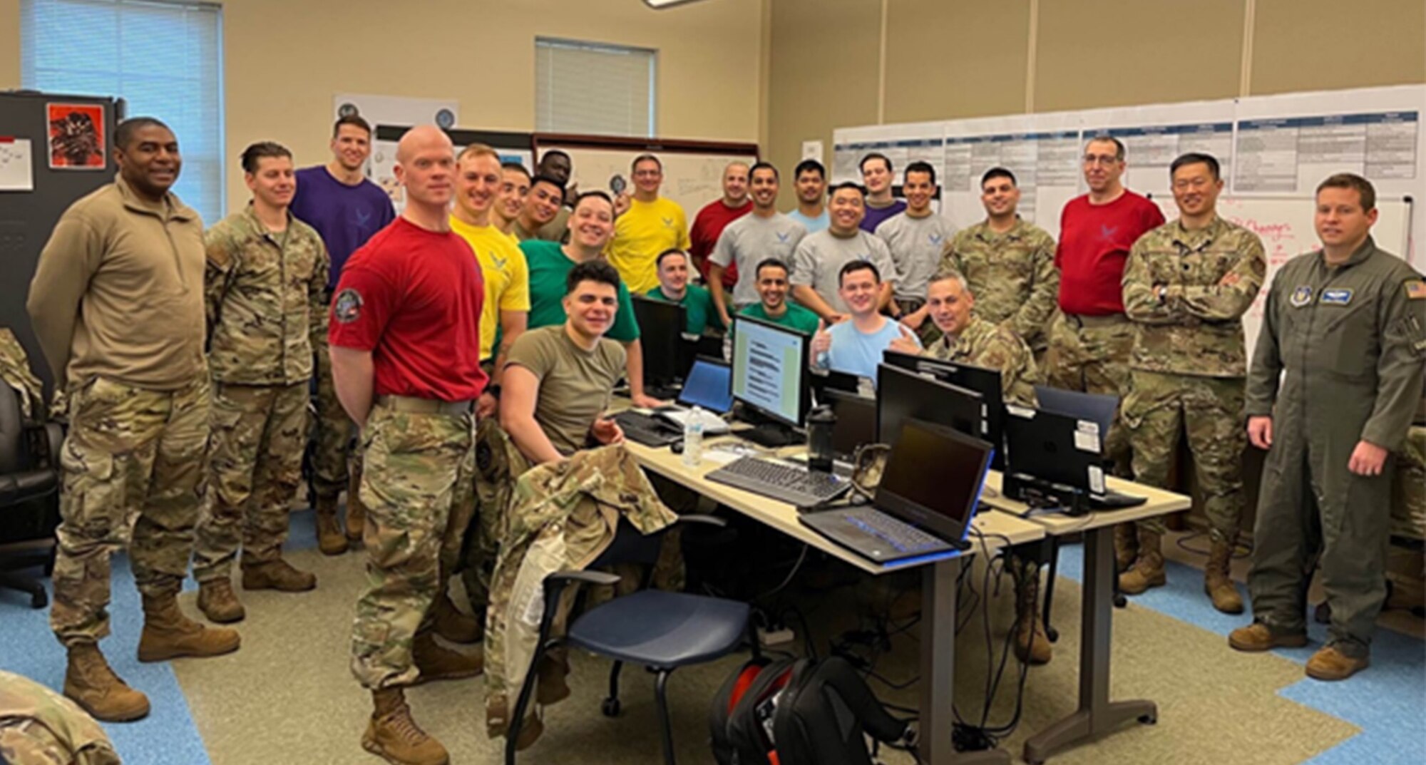 The 439th CS team wear different colored shirts to designate their cyber crew roles, modeled after crew roles used by JSTARS E-8C Air Battle Managers, in an effort to "operationalize" the cyber domain.
