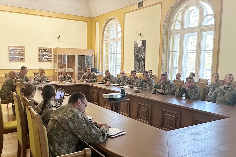 Soldiers from the Pennsylvania National Guard's 1st Squadron, 104th Cavalry Regiment, 2nd Infantry Brigade Combat Team meet with soldiers from Lithuania's Uhlan Battalion May 4, 2023, in Alytus, Lithuania. (Courtesy photo)