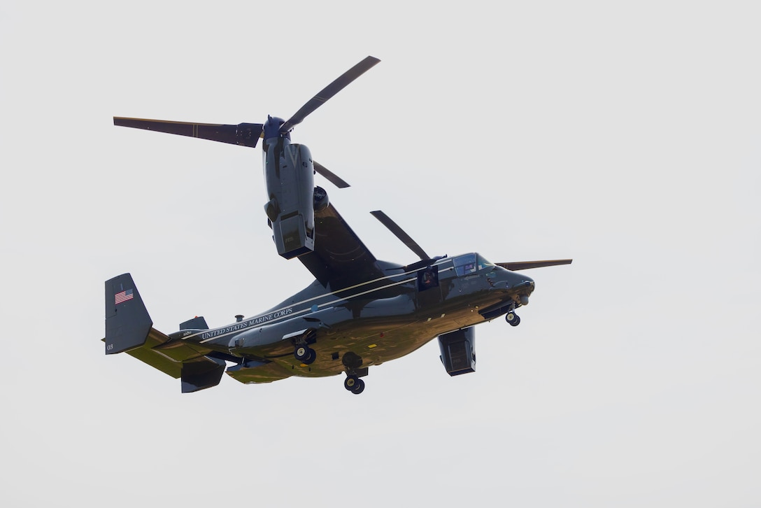 College coaches and educators ride in an MV-22 B 'Osprey' flown by Marine Helicopter Squadron One pilots while attending the Coaches Workshop hosted by the Marine Corps Recruiting Command at Marine Corps Base Quantico, Va., on May 11, 2023. Upon completion of the workshop, attending coaches and educators will return to their schools and community equipped with a better understanding of the Marine Corps and ability to tell the Marine Corps story. (U.S. Marine Corps photo by Lance Cpl. Payton Goodrich)