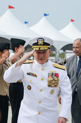 230513-N-IW125-1022 KEY WEST, Fla. (May 13, 2023) – U.S. Navy Chief of Naval Operations, Adm. Mike Gilday, arrives at the commissioning ceremony of the Arleigh Burke-class guided-missile destroyer, USS Lenah Sutcliffe Higbee (DDG 123) in Key West, Florida. DDG 123 is the second U.S. Navy warship to honor Lenah Sutcliffe Higbee. Higbee was the first living woman to receive the Navy Cross for her leadership of the Navy Nurse Corps during World War I. Naval Air Station Key West is the state-of-the-art facility for combat fighter aircraft of all military services, provides world-class pierside support to U.S. and foreign naval vessels, and is the premier training center for surface and subsurface military operations. (U.S. Navy photo by MC2 Nicholas V. Huynh/Released)