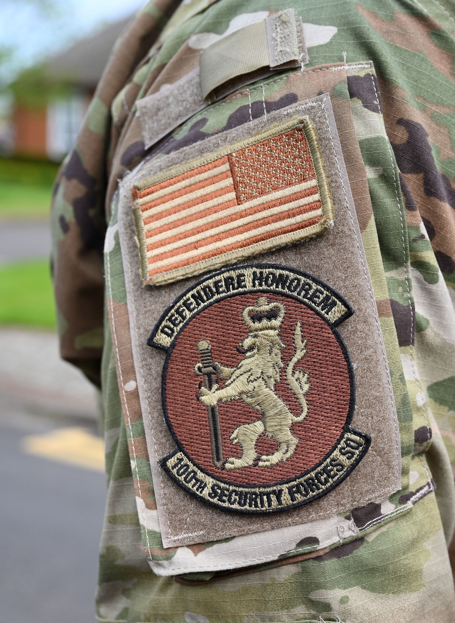 The 100th Security Forces Squadron patch is worn on the sleeve of all Defenders at Royal Air Force Mildenhall, England. Police Week is held every year in May and this year is May 15 to 19. This year’s events include a ruck march, Defenders’ Challenge, “jail and bail,” and Fallen Defender memorial. (U.S. Air Force photo by Karen Abeyasekere)
