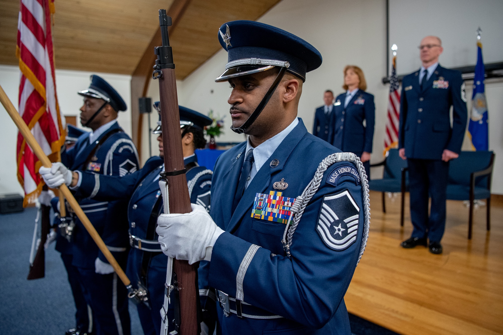 Honor guard members from the Kentucky Air National Guard’s 123rd Airlift Wing present the colors during a retirement ceremony for Chief Master Sgt. Scott Andrews, material management chief enlisted manager for the 123rd Logistics Readiness Squadron, at the Kentucky Air National Guard Base in Louisville, Ky., April 29, 2023. Andrews is retiring after 35 years of military service. (U.S. Air National Guard photo by Tech. Sgt. Joshua Horton)