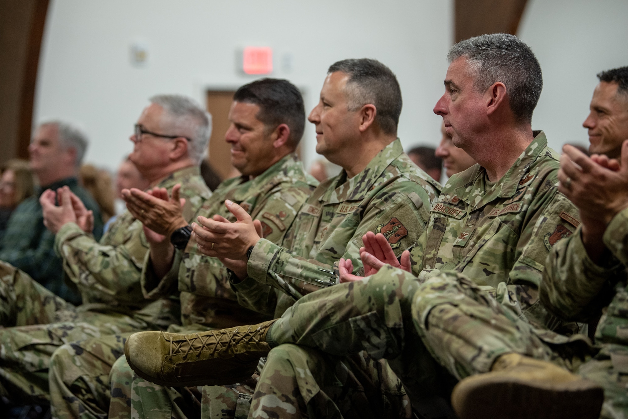 Airmen, friends and family members attend the retirement ceremony of Chief Master Sgt. Scott Andrews, material management chief enlisted manager for the 123rd Logistics Readiness Squadron, at the Kentucky Air National Guard Base in Louisville, Ky., April 29, 2023. Andrews is retiring after 35 years of military service. (U.S. Air National Guard photo by Tech. Sgt. Joshua Horton)