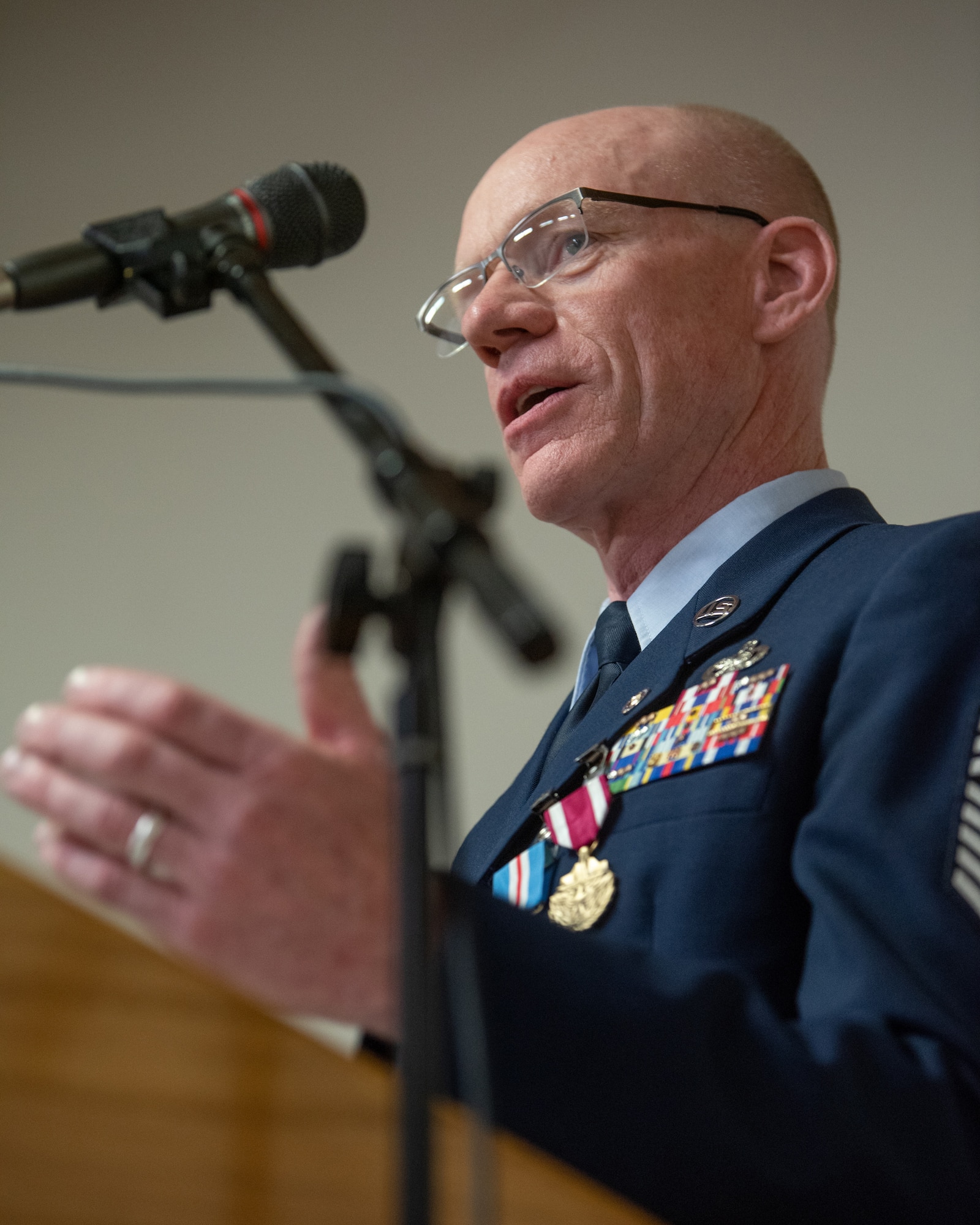 Chief Master Sgt. Scott Andrews, material management chief enlisted manager for the 123rd Logistics Readiness Squadron, speaks during his retirement ceremony at the Kentucky Air National Guard Base in Louisville, Ky., April 29, 2023. Andrews is retiring after 35 years of military service. (U.S. Air National Guard photo by Tech. Sgt. Joshua Horton)