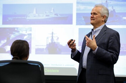 Naval Surface Warfare Center, Philadelphia Division (NSWCPD) Director of Strategic Planning and Investments Glenn Ward gives a Division overview to potential NSWCPD employees during the second Affinity Group Interview Day on April 26, 2023. (U.S. Navy Photo by James Butterbaugh/Released)