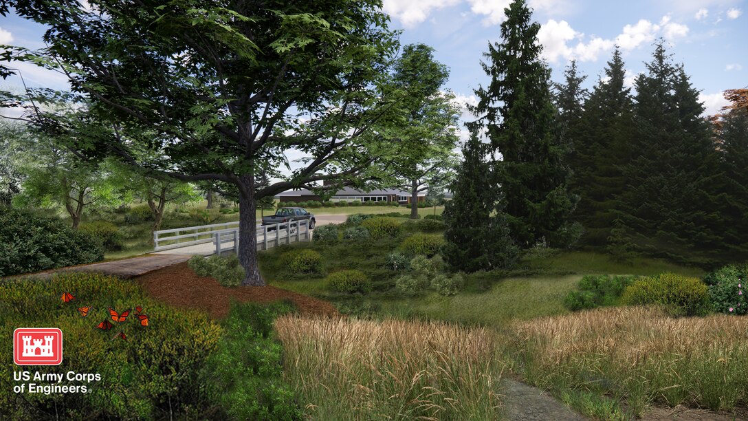 Architectural rendering developed by U.S. Army Corps of Engineers, Seattle District, showing the updated vehicle crossing that will be included in the ecosystem restoration project, to limit damage to plants and wetland soils.