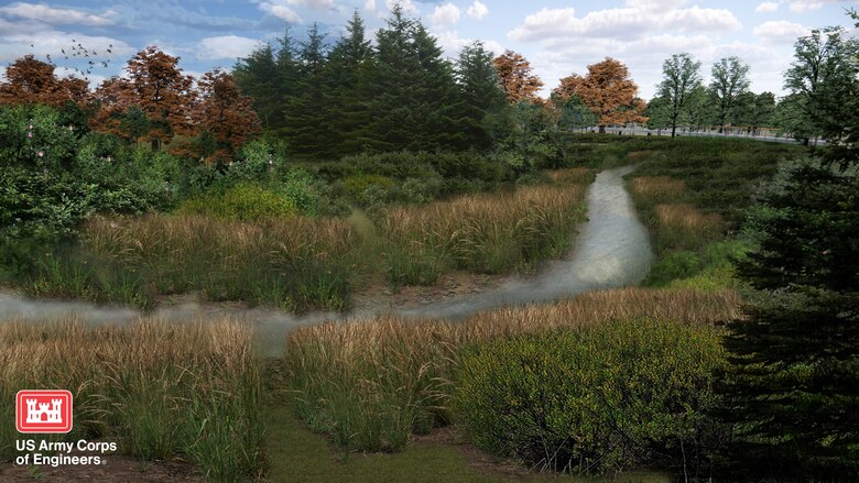 Architectural rendering developed by U.S. Army Corps of Engineers, Seattle District, that outlines the landscape plan overlayed to show the planting paths.  The $5.5 million project will restore wetlands, riparian corridors, and create more places for birds, fish, turtles, salamanders, and native mammals to live.