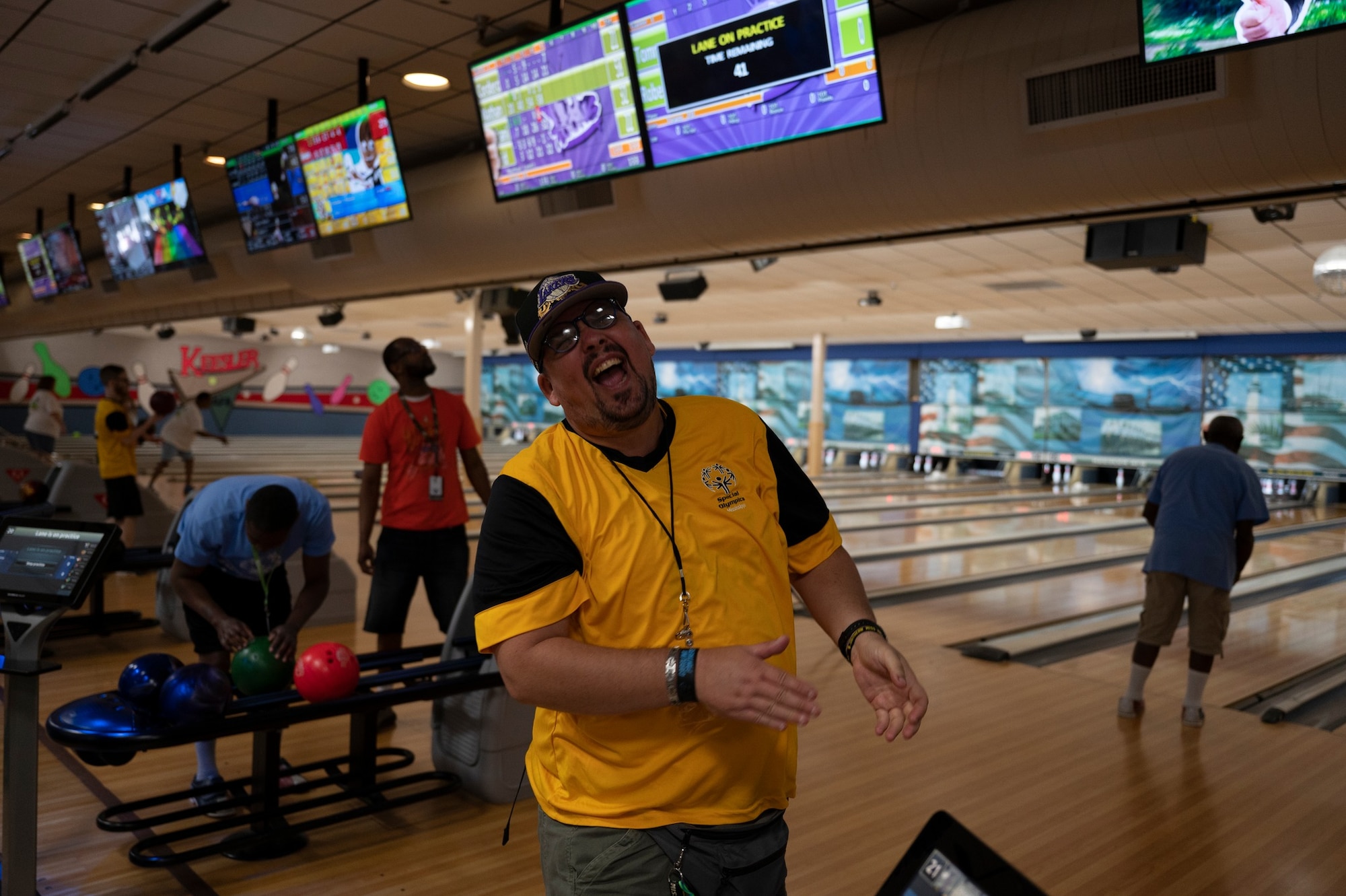 A Special Olympics Mississippi athletes competes in a bowling event during the SOMS Summer Games at Keesler Air Force Base, Mississippi, May 13, 2023.