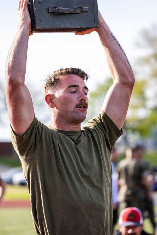 U.S. Marine Corps Sgt. Davis L. Brummett, a Combat Instructor with Infantry Training Battalion, School of Infantry-West, Camp Pendleton, California, conducts ammo can lifts as part of the first Training Education Command Fittest Instructor Competition on Marine Corps Base Quantico, Virginia, April 12, 2023. TECOM instructors are premier experts in their individual Military Occupational Specialty. A non-stop combat fitness test, also known as “Gas Can” is design to push even the fittest Marines to their limit.  (U.S. Marine Corps photo by James Frank)