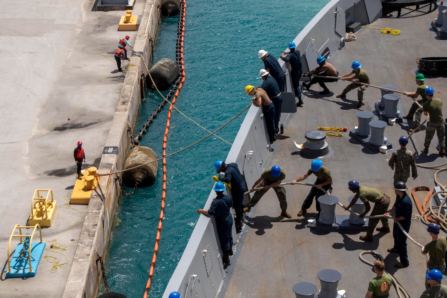 Amphibious transport dock USS Anchorage (LPD 23) makes preparations to enter U.S. Naval Base Guam for a regular scheduled port visit.