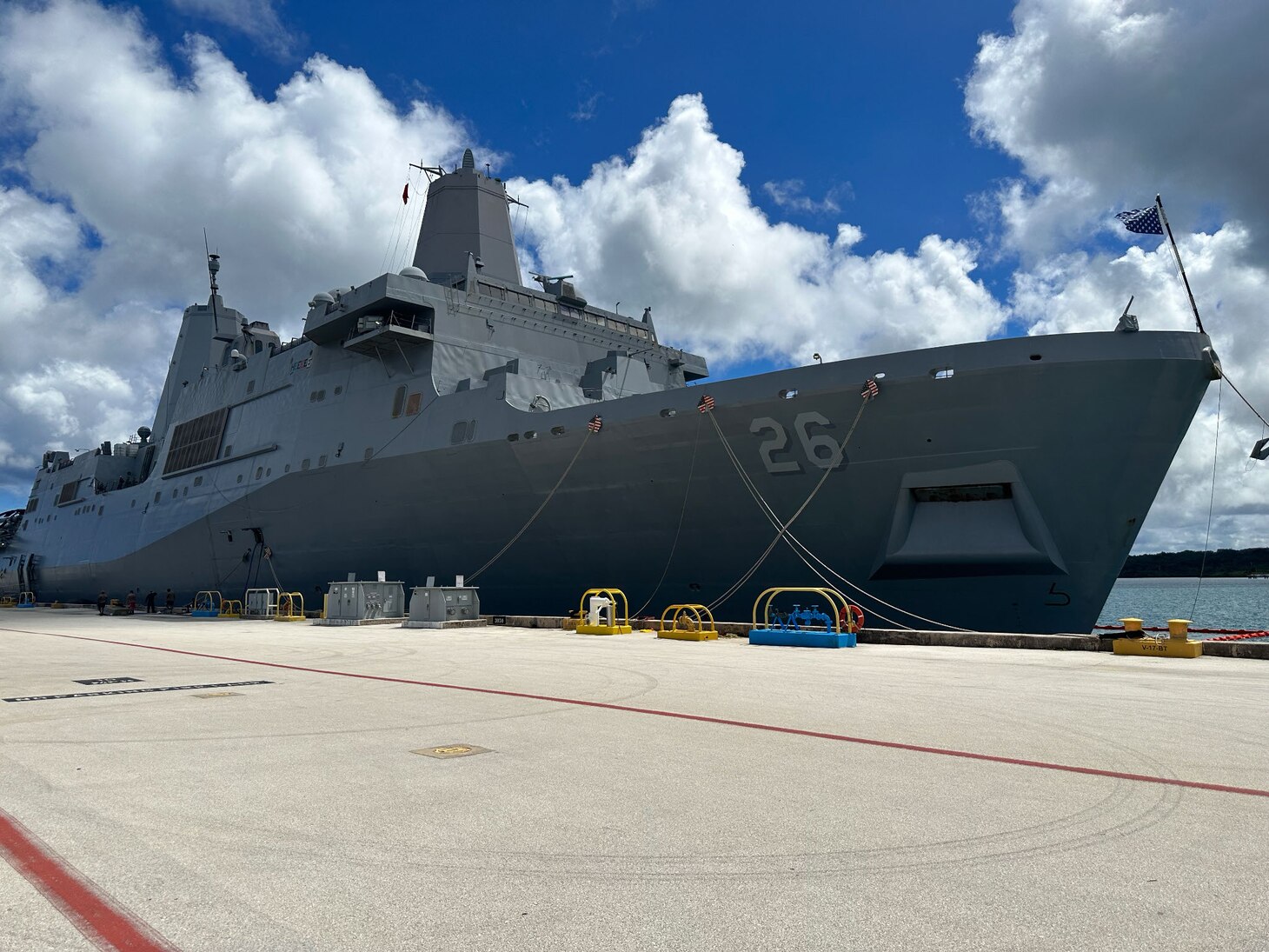 Amphibious transport dock ship USS John P. Murtha (LPD 26) sits moored to the pier at U.S. Naval Base Guam for a regular scheduled port visit. While in port, the Makin Island Amphibious Ready Group (ARG), comprised of amphibious assault ship USS Makin Island (LHD 8) and amphibious transport docks USS Anchorage (LPD 23) and John P. Murtha, refueled, took on supplies, and had the chance to explore the local area.