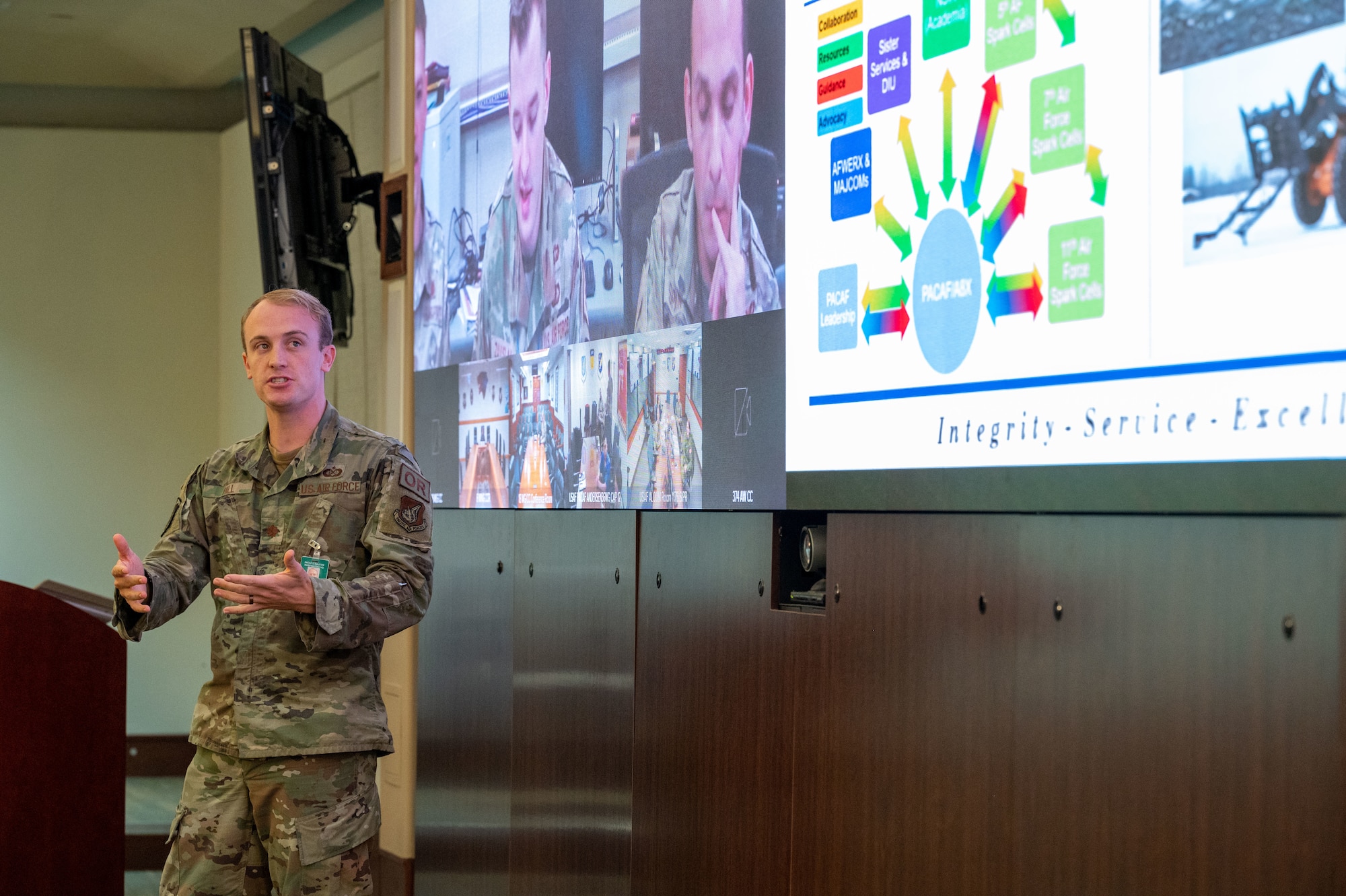 Photo of a U.S. Air Force major briefing in front of a screen