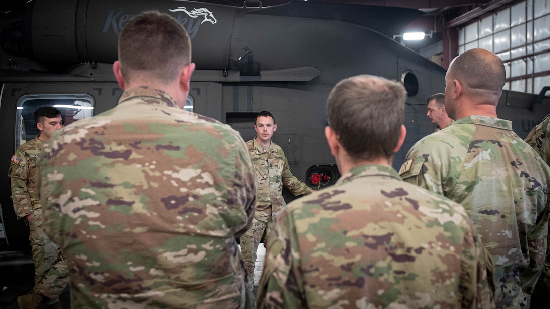 Airmen assigned to the Kentucky Air National Guard's 123rd Contingency Response Group train on hot-refueling techniques and prepare cargo for a helicopter-borne sling load carry at Boone National Guard Center in Frankfort, Ky., March 23, 2023. The training, conducted jointly with the Kentucky Army National Guard’s 63rd Theater Aviation Brigade, enhances the Air Guard unit’s ability to employ UH-60 Black Hawk helicopters in domestic and wartime environments. (U.S. Air National Guard photo by Staff Sgt. Clayton Wear)