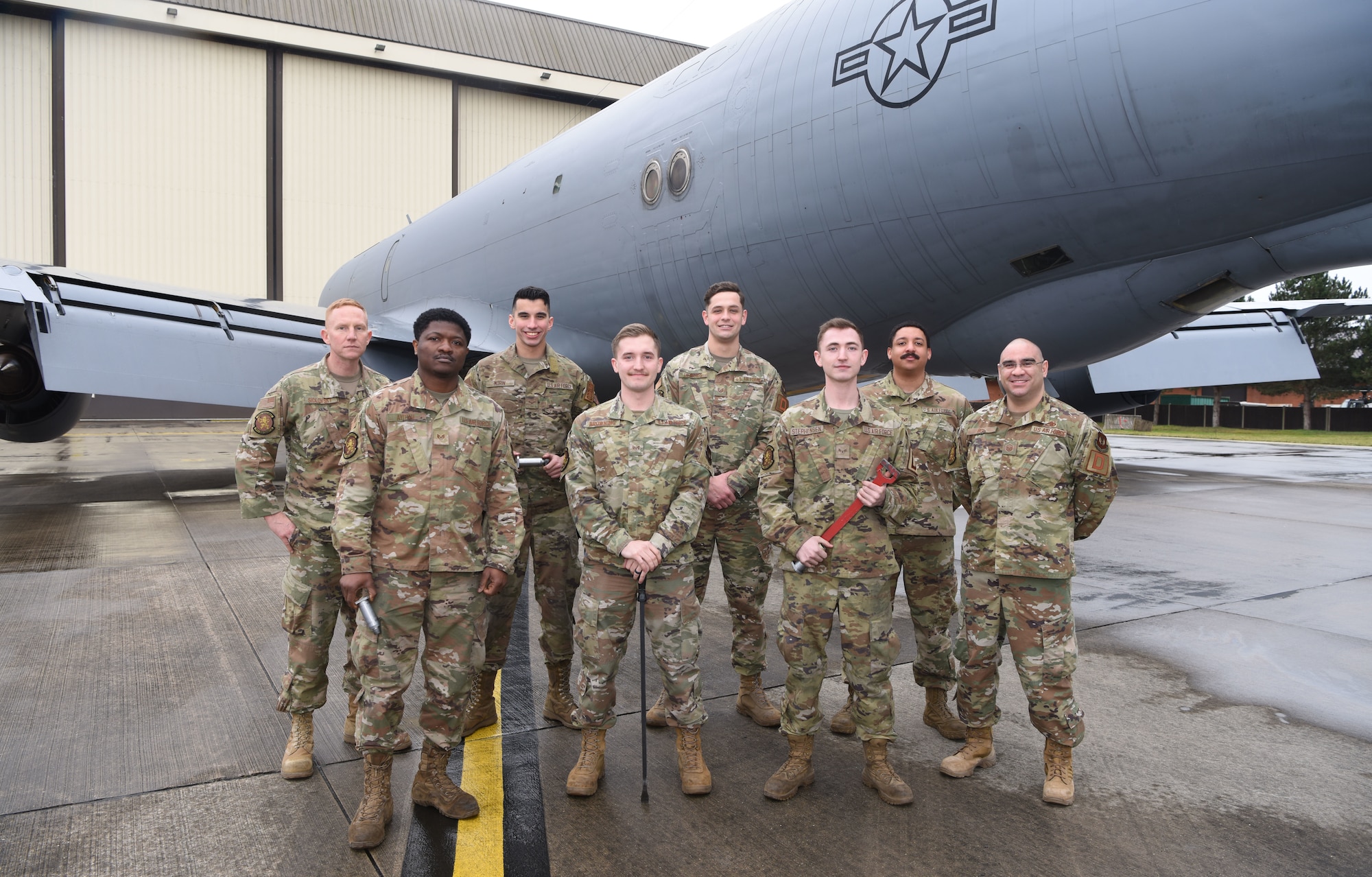 A team of maintainers from the 100th Maintenance Squadron has been replacing the vertical stabilizer pins on some of the 100th Air Refueling Wing’s fleet of KC-135 Stratotankers and show some of the pins and equipment used to replace them at Royal Air Force Mildenhall, England, March 6, 2023. Recently, a Time Compliance Technical Order requirement found that some vertical stabilizer did not conform to regulations which resulted in flight restrictions on some aircraft at bases within the United States. The 100th MXS team immediately conducted its own inspections and found that some aircraft carried the affected pins, so they ordered new parts and started replacing them. (U.S. Air Force photo by Karen Abeyasekere)