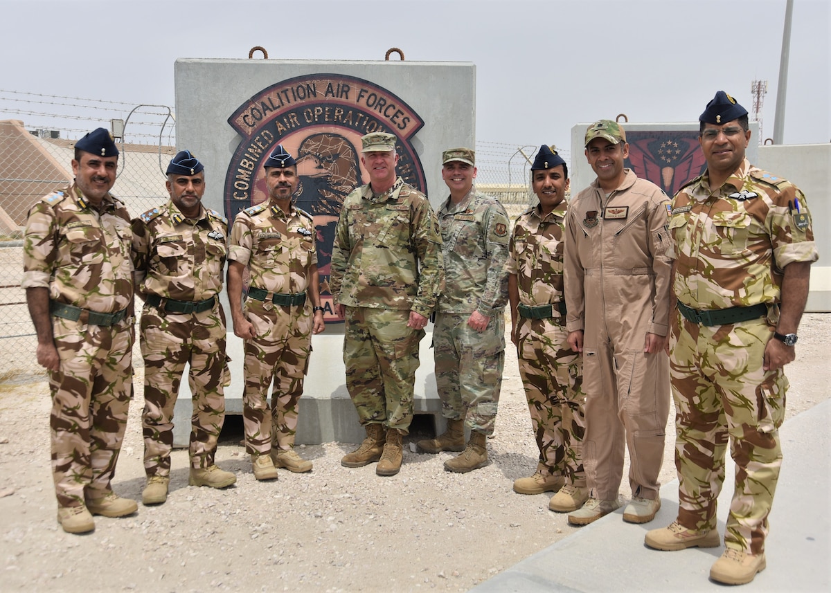 U.S. Air Force Maj. Gen. Mark Slocum, Ninth Air Force (Air Forces Central) deputy commander, and deputy Combined Forces Air Component Commander, and Col. Kevin Ogle, 609th Air Operations Center commander, pose for a photo with Royal Air Force of Oman Air Commodore Said Hamed Khalfan Al Abdali, RAFO Musannah Air Base commander, and Air Commodore Hilal Sulaiman Abdullah Al Nabhani, RAFO Adam Air Base commander, during a visit May 9, 2023, at Al Udeid Air Base, Qatar. The visit served to provide ideas and recommendations to update and modernize the RAFO force and headquarters, and allowed for discussions on increased partnership opportunities for interoperability and strategic competition. (U.S. Air Force photo by Staff Sgt. Daniel Brosam)
