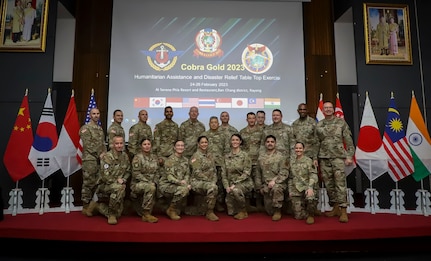 U.S. Soldiers and Airmen with the Washington Army and National Guard attend a humanitarian assistance disaster relief  tabletop exercise as part of Exercise Cobra Gold Feb. 26, 2023, in Rayong province, Thailand. Cobra Gold, now in its 42nd year, is a Thai-U.S. sponsored training event that builds on the longstanding friendship between the two allied nations and brings together a robust multinational force to promote regional peace and security in support of a free and open Indo-Pacific.