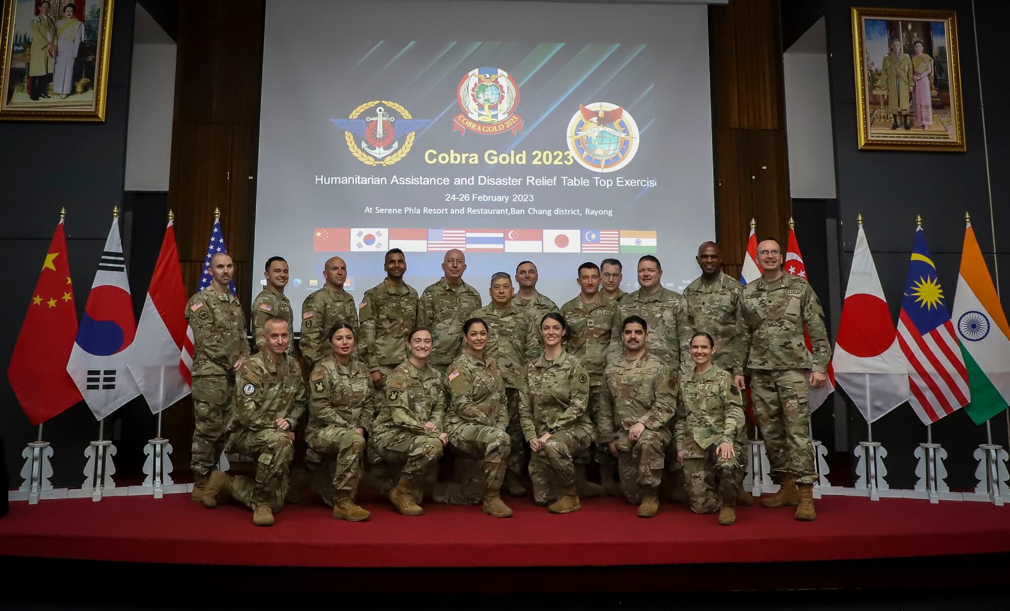 U.S. Soldiers and Airmen with the Washington Army and National Guard attend a humanitarian assistance disaster relief  tabletop exercise as part of Exercise Cobra Gold Feb. 26, 2023, in Rayong province, Thailand. Cobra Gold, now in its 42nd year, is a Thai-U.S. sponsored training event that builds on the longstanding friendship between the two allied nations and brings together a robust multinational force to promote regional peace and security in support of a free and open Indo-Pacific.