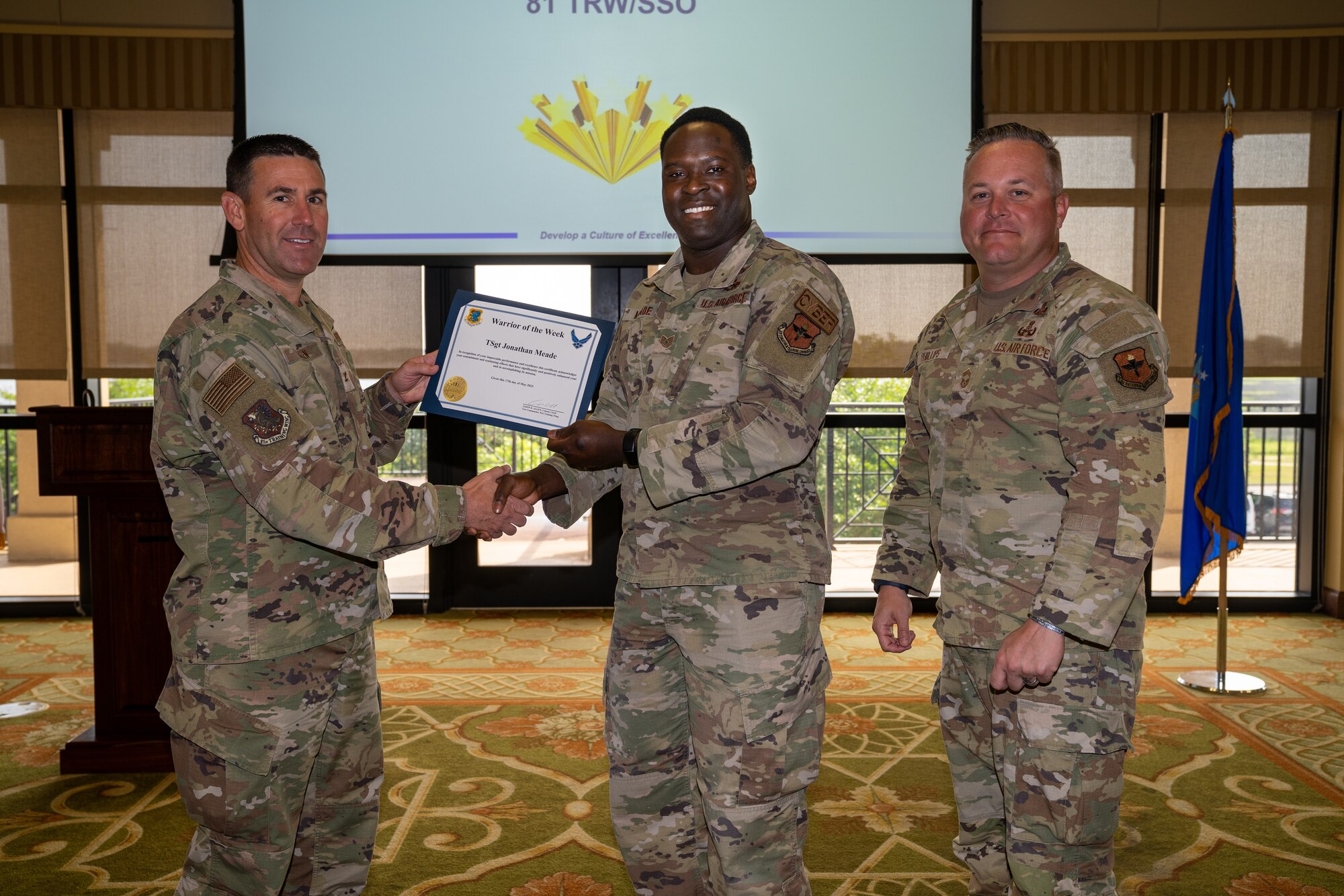 Let's give Tech. Sgt. Jonathan Meade from the 81st Training Wing Special Security Office a shout-out for being chosen as the Warrior of the Week during this week's staff meeting!