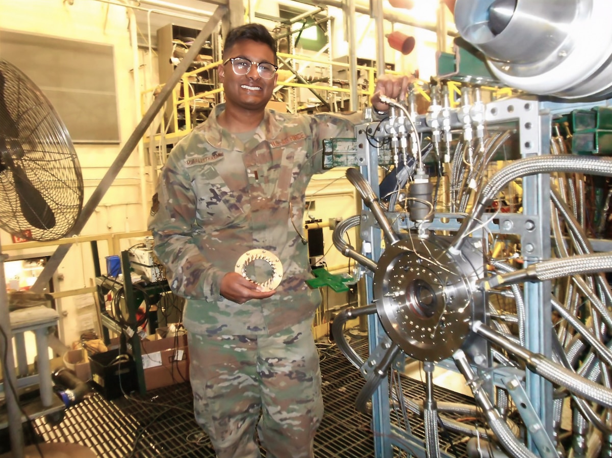 U.S. Air Force Capt. Kavi Muraleetharan, Air Force Research Laboratory mechanical and aerospace developmental engineer, poses for a photo while researching and developing detonation engines for weapon systems, which use explosive combustions to propel the munition to the target.
