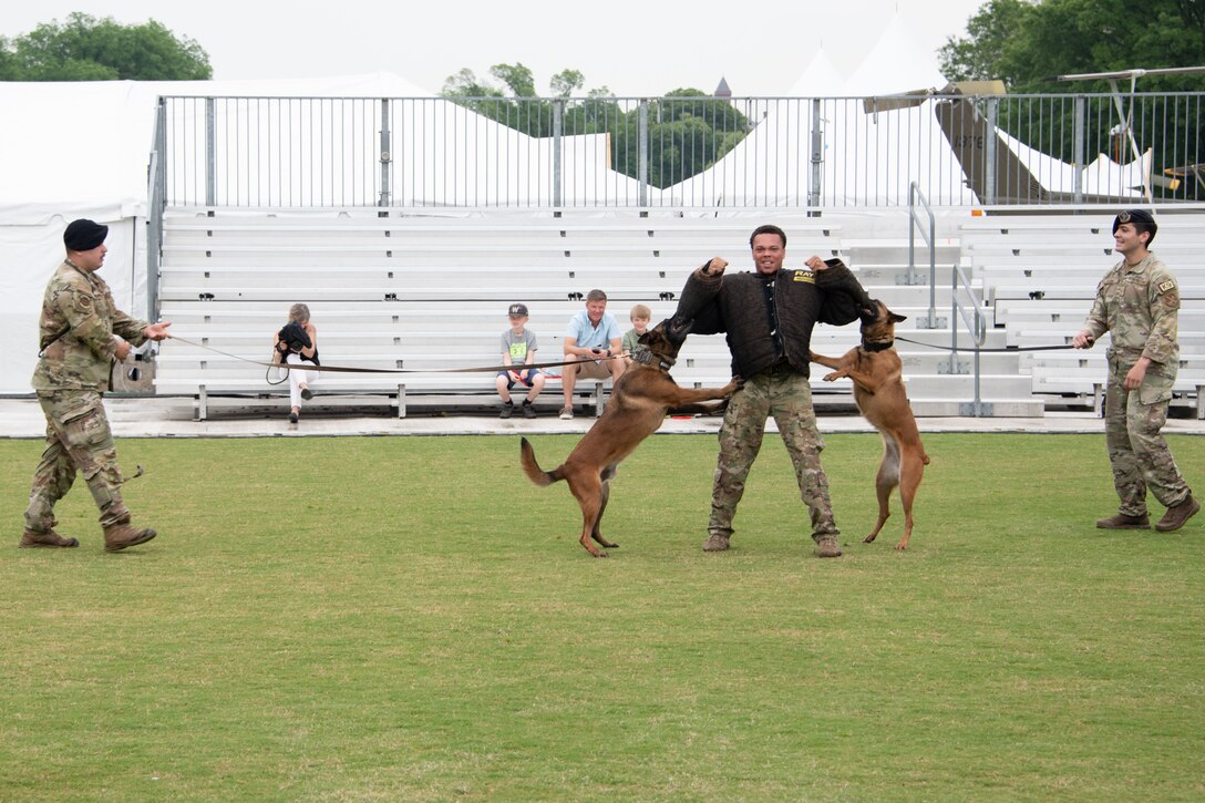 Staff Sgt. Daquan Roland-Hover, 316th Security Forces K-9 trainer, performs two-dog tactical maneuvers with two K-9s and their handlers at the National Mall in Washington D.C., May 13, 2023. This demonstration was a part of the three-day-long Vietnam Veterans' "Welcome Home" ceremony. (U.S. Air Force photo by Senior Airman Daekwon Stith)