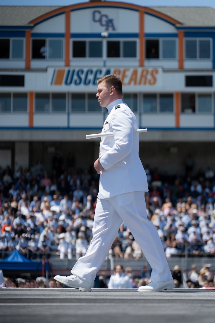 Secretary of Homeland Security Alejandro Mayorkas delivered the keynote address at the Coast Guard Academy during the 142nd Commencement Exercises May 17, 2023. The Coast Guard Academy commissioned 235 new officers. (U.S. Coast Guard photo by Petty Officer 2nd Class Matthew Abban)