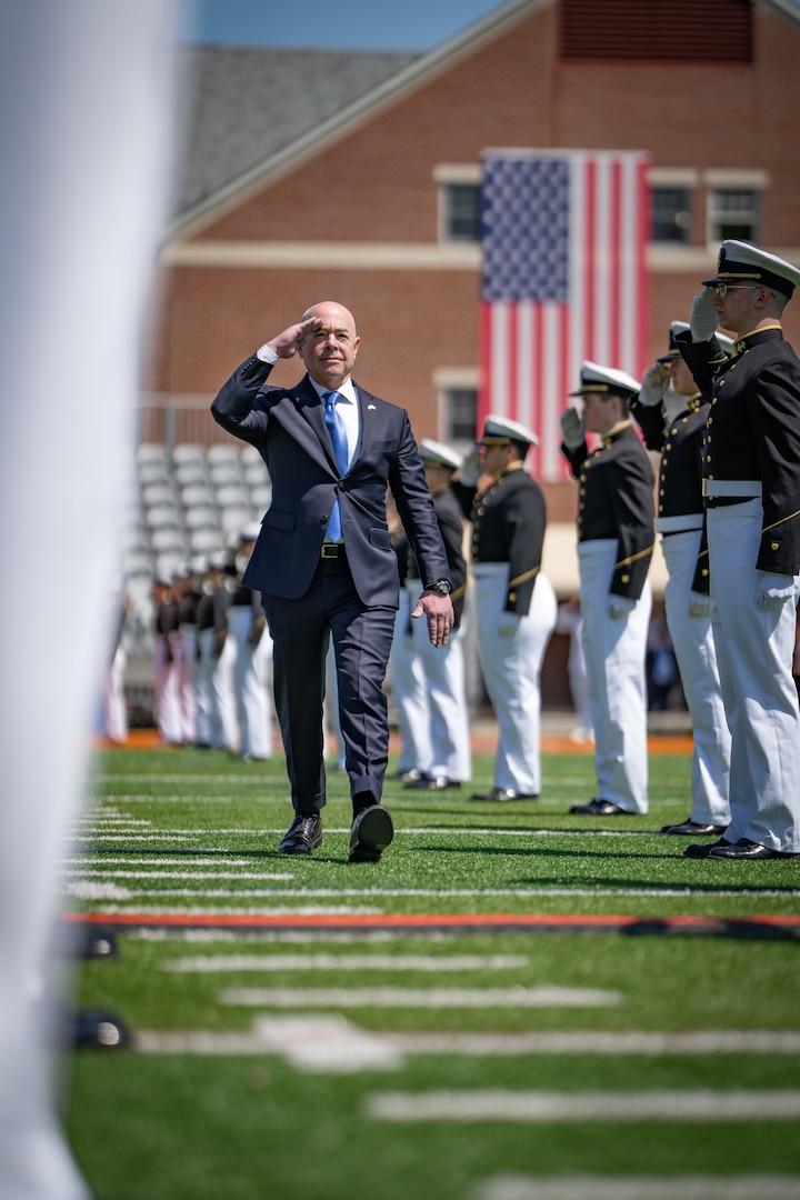Secretary of Homeland Security Alejandro Mayorkas delivered the keynote address at the Coast Guard Academy during the 142nd Commencement Exercises May 17, 2023. The Coast Guard Academy commissioned 235 new officers. (U.S. Coast Guard photo by Petty Officer 3rd Class Matthew Thieme)