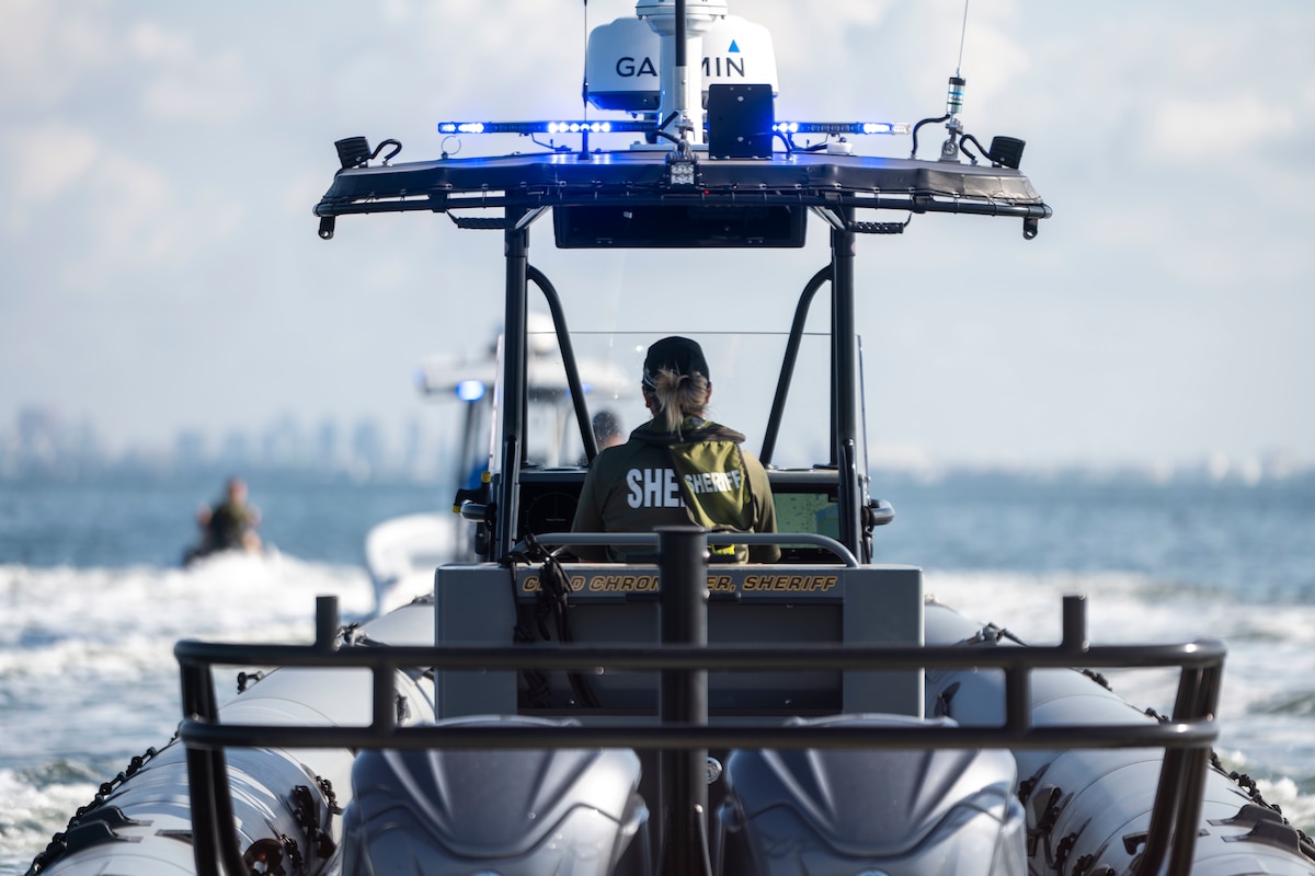 An Officer with the Hillsborough County Sheriff’s Office, navigates the coastline along MacDill Air Force Base, Florida, during Operation Neptune Storm May 17, 2023.