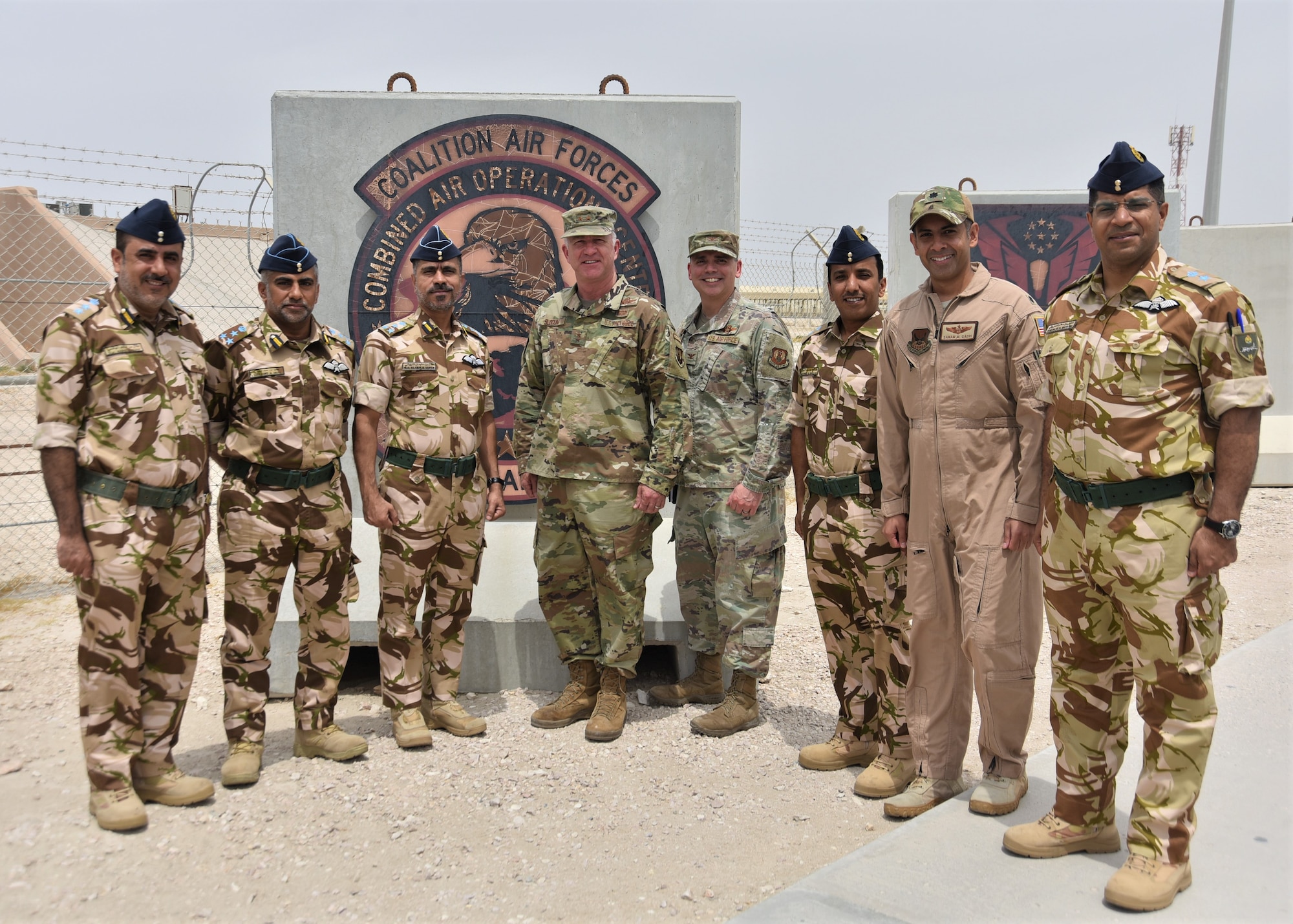U.S. Air Force Maj. Gen. Mark Slocum, Ninth Air Force (Air Forces Central) deputy commander, and deputy Combined Forces Air Component Commander, and Col. Kevin Ogle, 609th Air Operations Center commander, pose for a photo with Royal Air Force of Oman Air Commodore Said Hamed Khalfan Al Abdali, RAFO Musannah Air Base commander, and Air Commodore Hilal Sulaiman Abdullah Al Nabhani, RAFO Adam Air Base commander, during a visit May 9, 2023, at Al Udeid Air Base, Qatar. The visit served to provide ideas and recommendations to update and modernize the RAFO force and headquarters, and allowed for discussions on increased partnership opportunities for interoperability and strategic competition. (U.S. Air Force photo by Staff Sgt. Daniel Brosam)